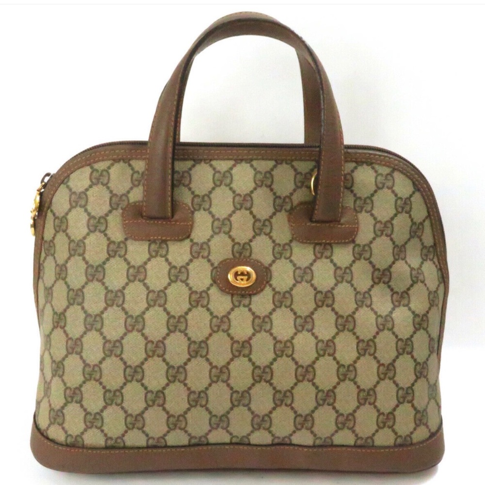 Auth Vintage GUCCI GG PVC Canvas Leather Hand Bag Brown  00 123 6004 w/ Dust bag